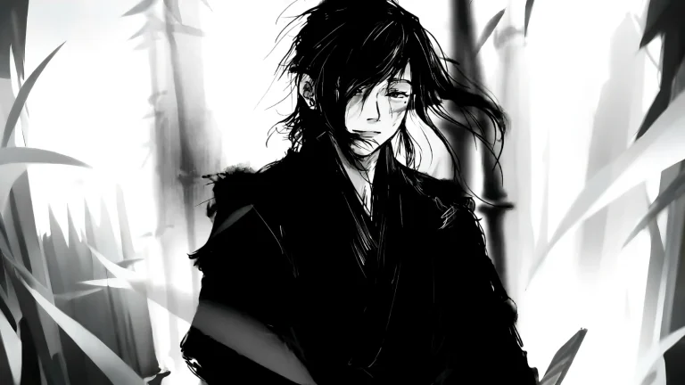 淡墨竹林黑衣长发和风男子伤痕脸黑白漫画风原画
