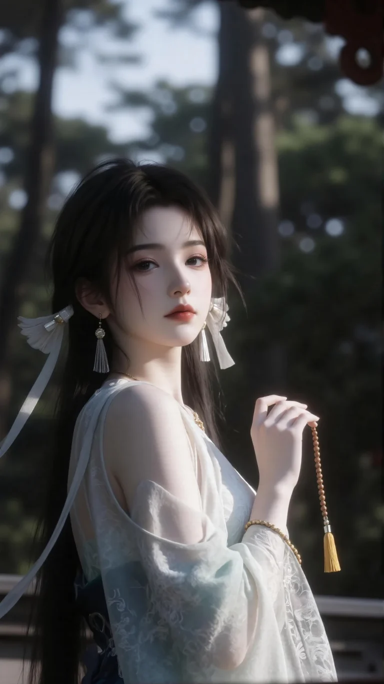 林间持佛珠浅青汉服古风美人手机壁纸