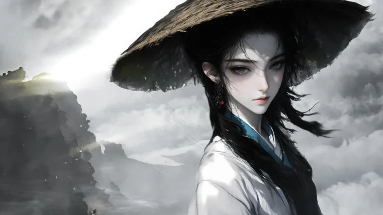 烟雨群山清冷武侠美人黑白国风插画 4K 电脑壁纸