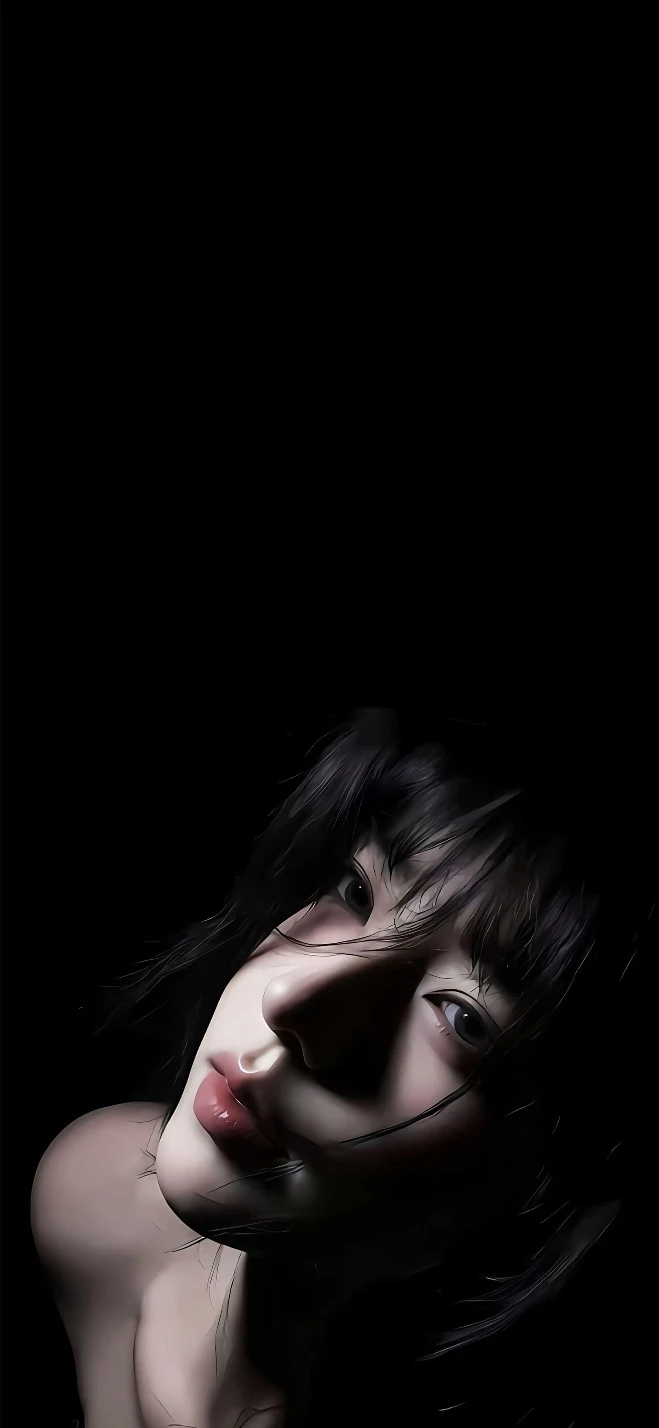 纯黑底明暗光影黑发少女特写插画手机壁纸