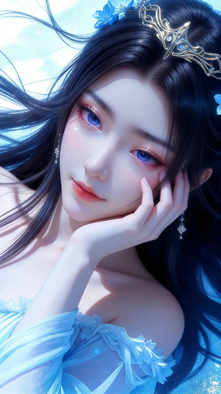 金冠蓝眸蓝衣古风少女托脸特写手机壁纸