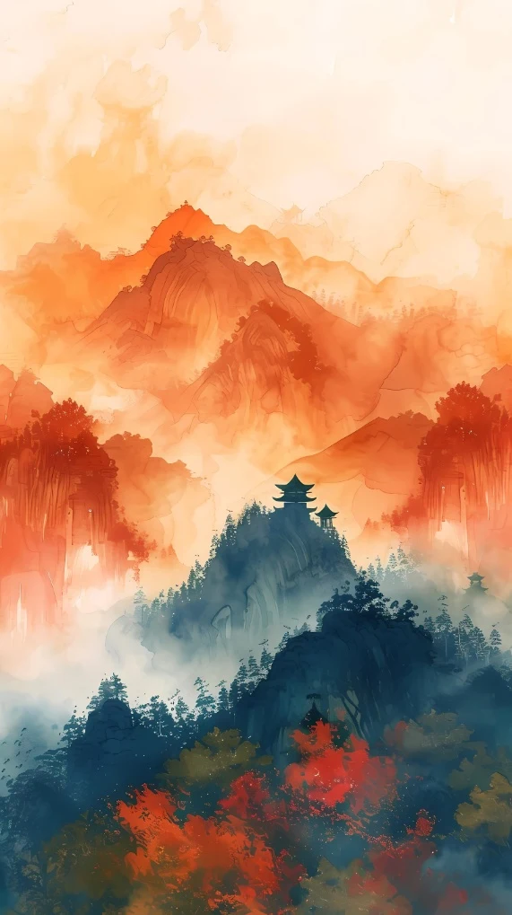 秋韵山林云海古风亭台意境手机壁纸