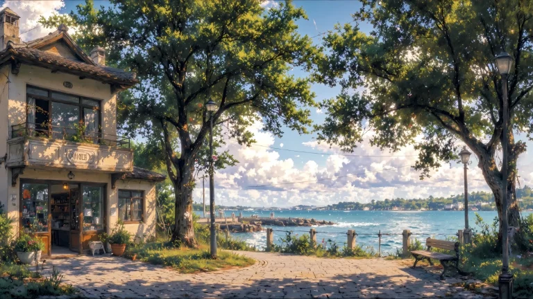 海边两层小店大树码头碧海清新动漫风景插画