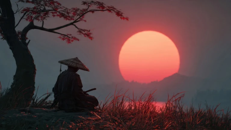 红枫树下斗笠武士静坐巨大落日湖景 4K 电脑壁纸