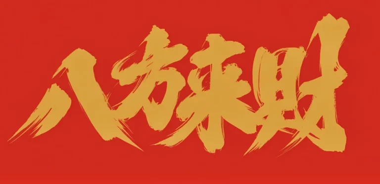 八方来财红底鎏金毛笔书法喜庆 4K 电脑壁纸