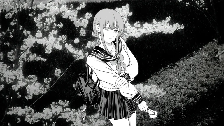 黑白樱花林间水手服少女复古线调动漫插画