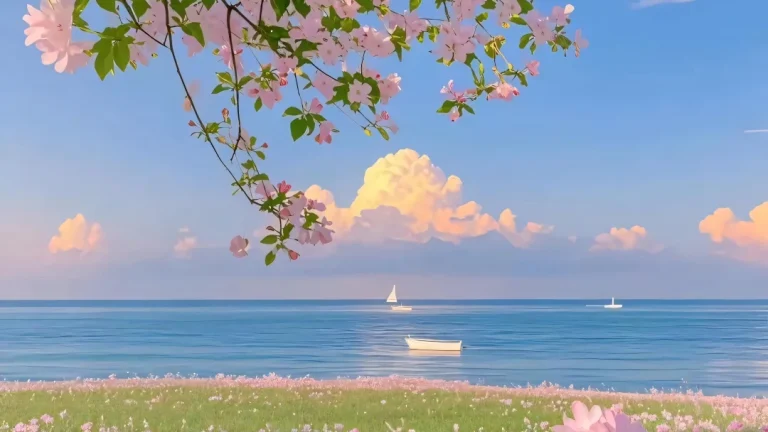 春日桃花枝框景海边花海晴空软云海面白船小众治愈电脑高清壁纸