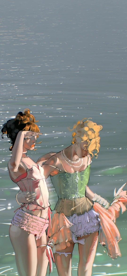 海面水中复古束腰双少女水彩插画手机壁纸