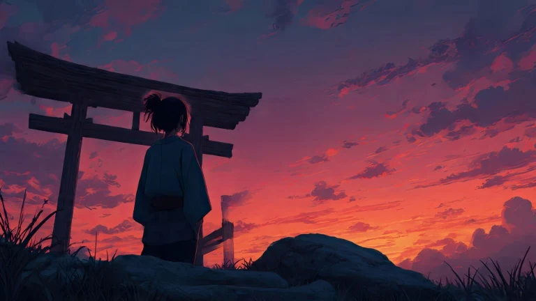 鸟居和服少女背影粉橙晚霞天空 4K 电脑壁纸