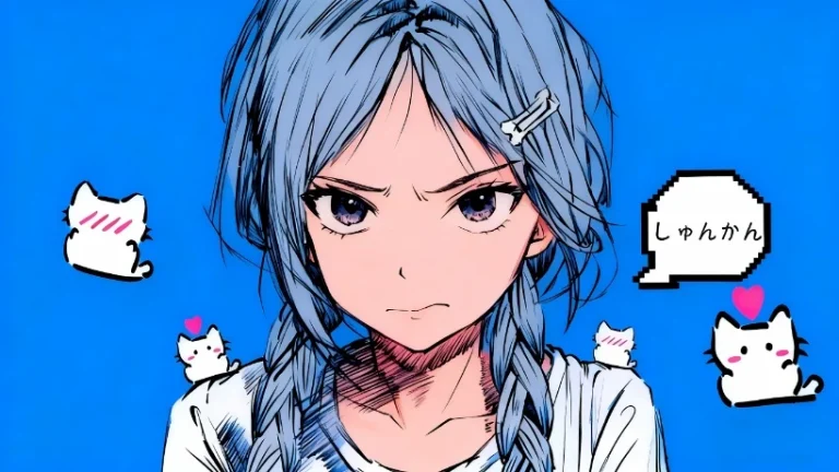 蓝发双麻花少女卡通猫咪插画 4K 电脑壁纸