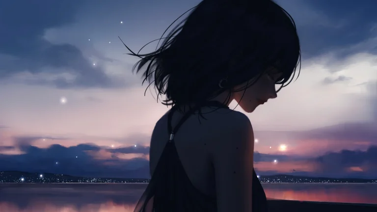 蓝紫渐变黄昏湖面临水黑衣短发少女静谧治愈