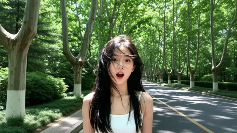 梧桐林荫道白衣少女清新治愈 4K 电脑壁纸