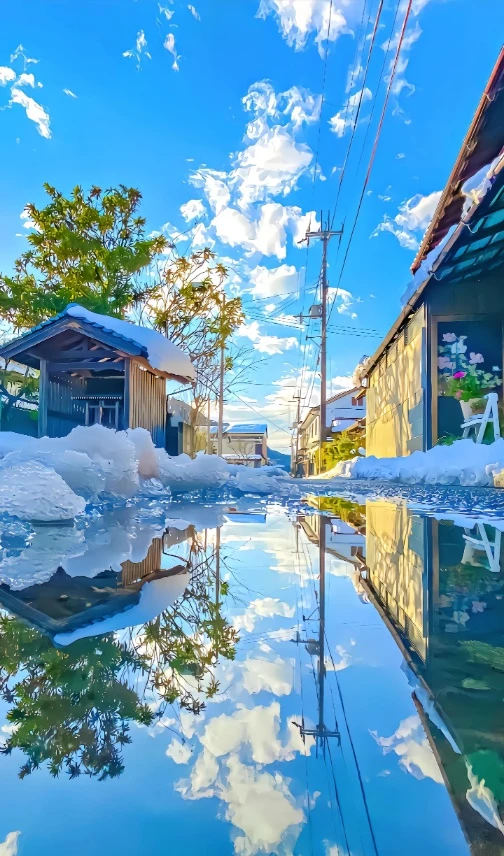 晴空积雪小镇镜面倒影治愈手机壁纸