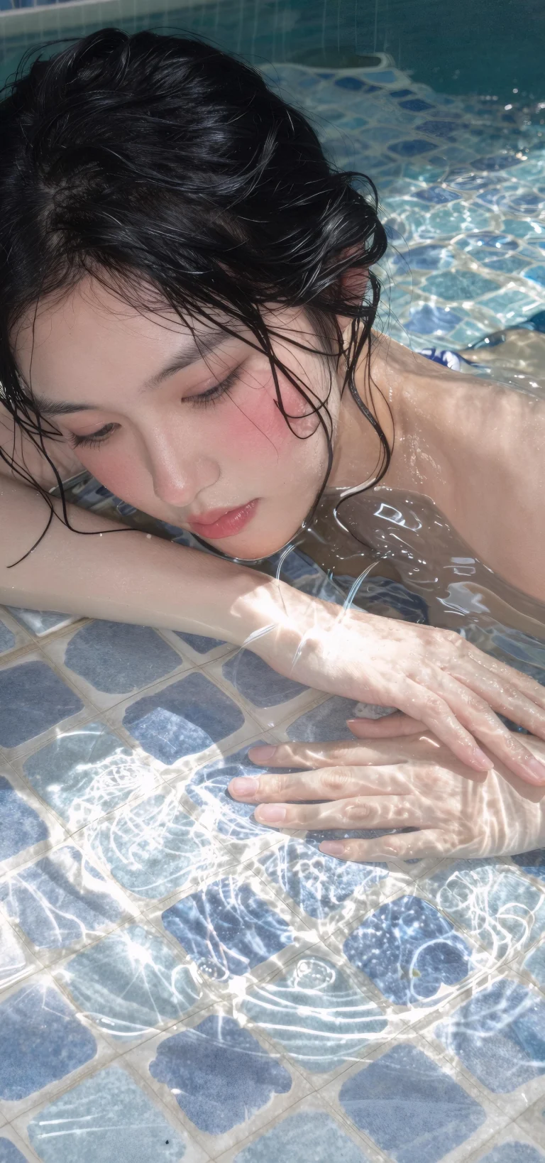 泳池蓝瓷砖水光湿发少女温柔闭眼清新竖版人像壁纸