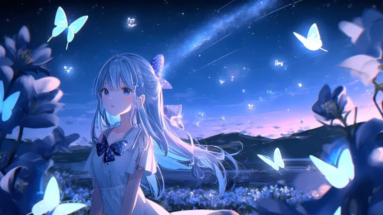黄昏夜空漫山蓝紫色花海漫天闪光蝴蝶波点蓝蝴蝶结少女温柔氛围感大图 4K 电脑壁纸