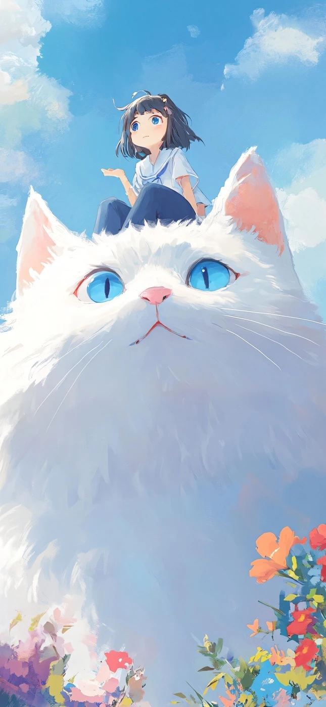 少女与巨型白猫蓝天白云插画高清手机壁纸