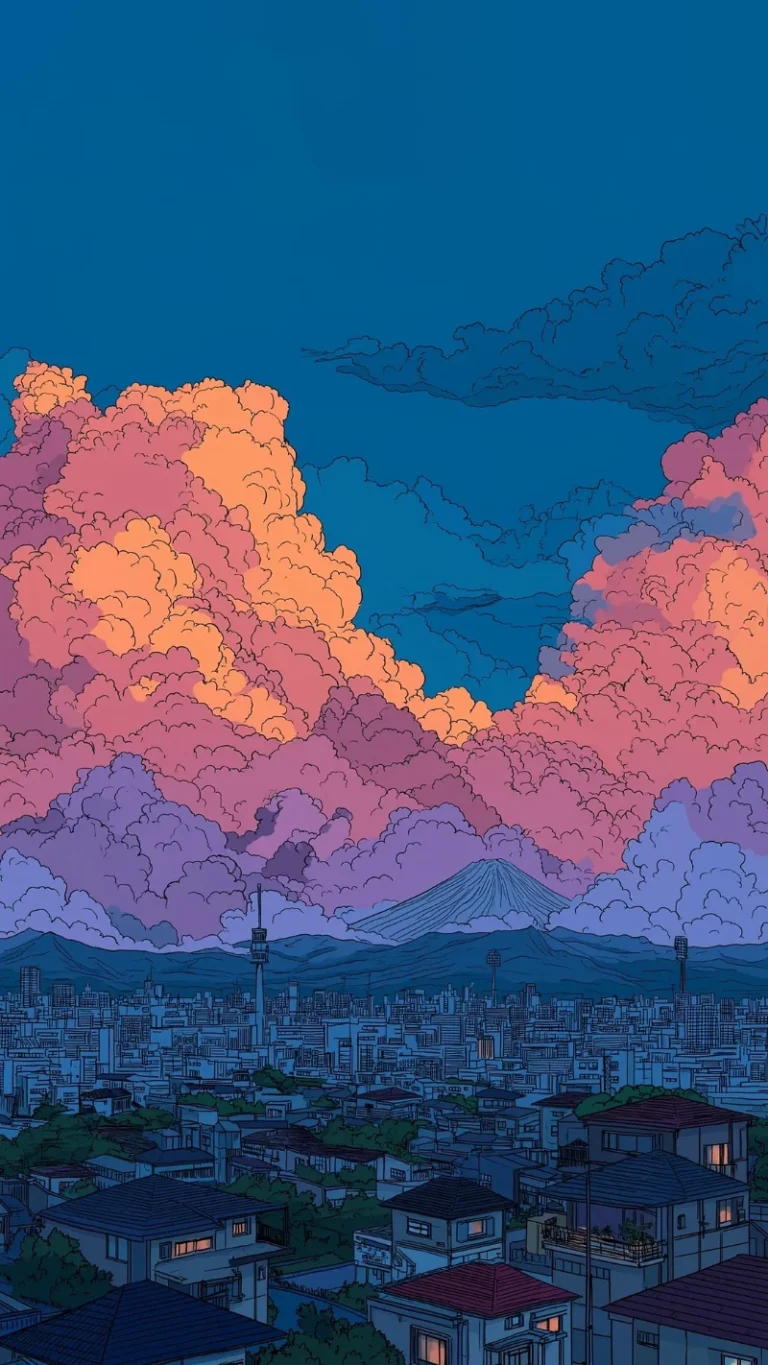 日系动漫城镇富士山粉紫晚霞云层插画