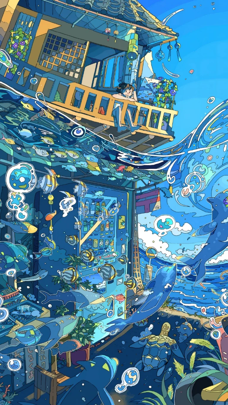 蓝调梦幻水下木屋少年遨游深海治愈动漫图