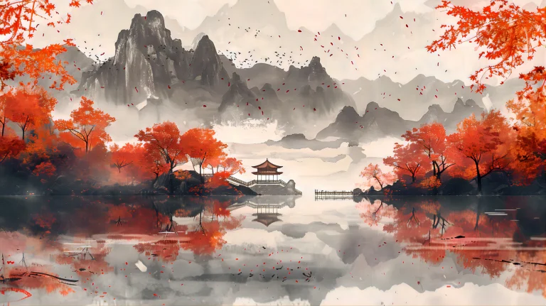 水墨山水红枫古亭湖面倒影国风插画 4K 电脑壁纸