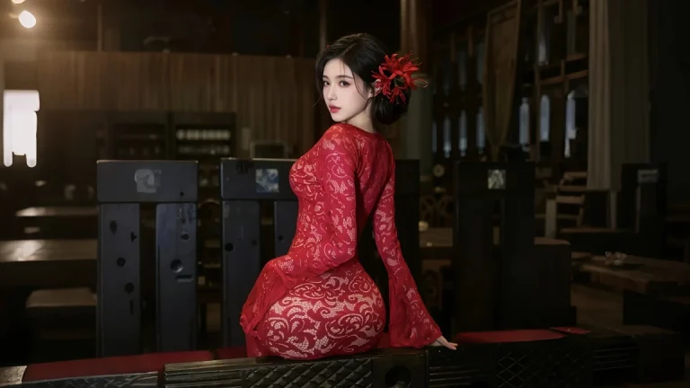红色蕾丝新中式旗袍美人古风写真 4K 电脑壁纸