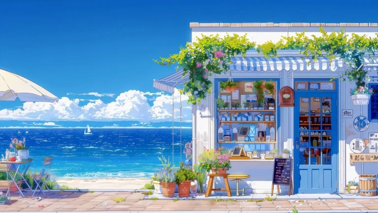海边蓝白小屋海滨咖啡店治愈动漫风景 4K 电脑壁纸