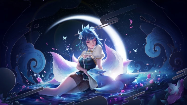 月下蓝发九尾狐少女轻拥灵狐星河古风 4K 电脑壁纸