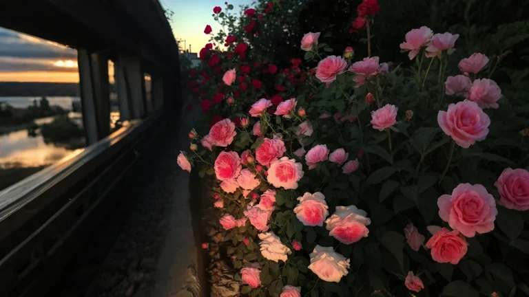 黄昏铁道旁粉玫瑰花丛列车窗外风景 4K 电脑壁纸