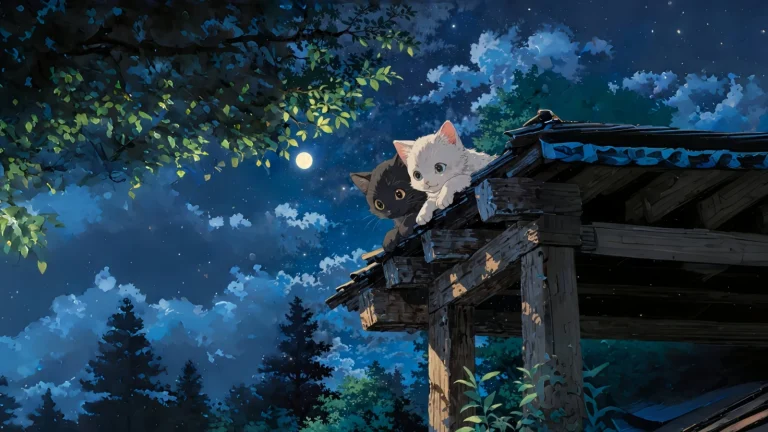 月夜木屋黑白小猫森林星空治愈插画 4K 电脑壁纸
