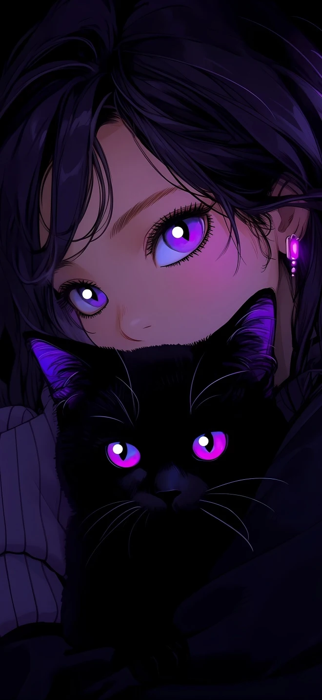 紫眸少女怀抱黑猫暗调二次元高清手机壁纸