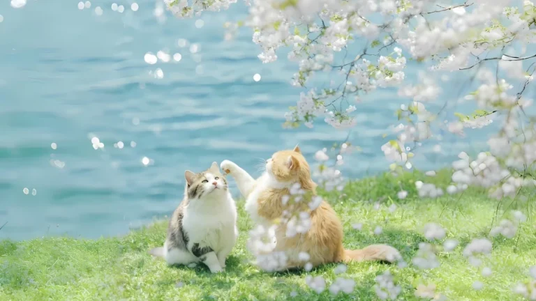 春日湖畔樱花草坪两只猫咪治愈风景 4K 电脑壁纸