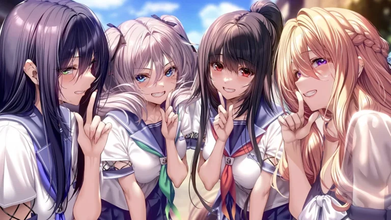四位水手服少女户外比耶日系插画 4K 电脑壁纸