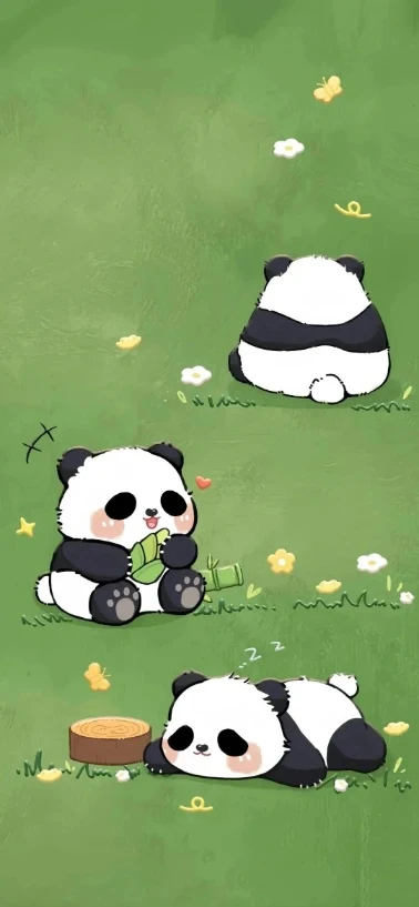 草地三只可爱卡通熊猫 4K  手机壁纸