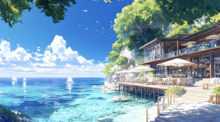 清新蓝调海边悬崖建筑二次元场景