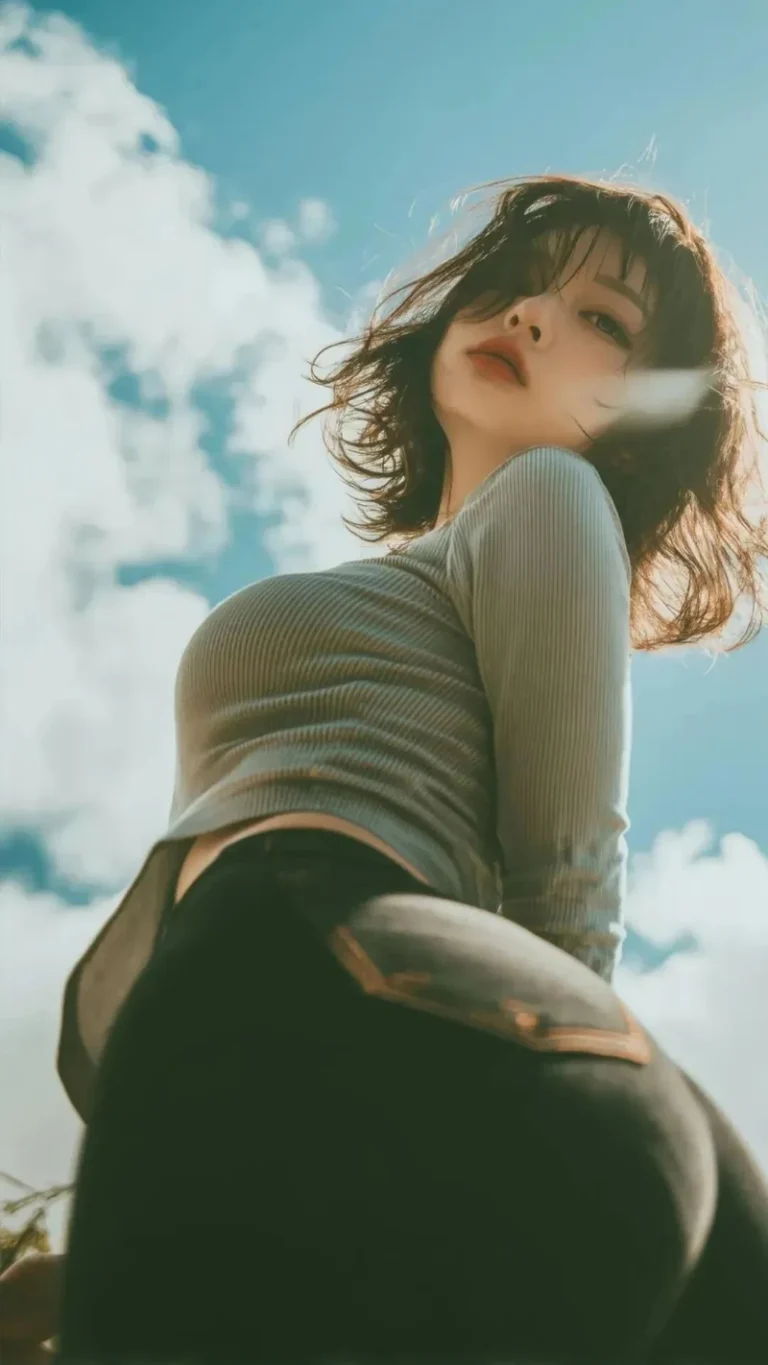 蓝天白云低角度氛围感短发女生人像写真