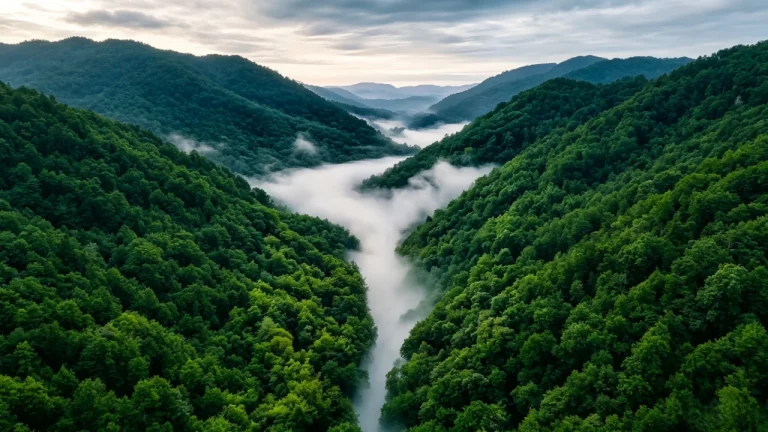 翠绿山林峡谷云雾绵延自然风光远景