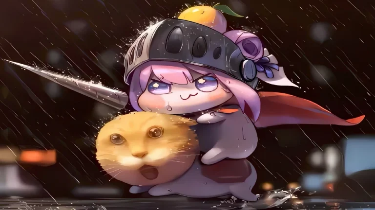 雨夜 Q 版粉发头盔骑士骑黄猫横版 4K 卡通壁纸
