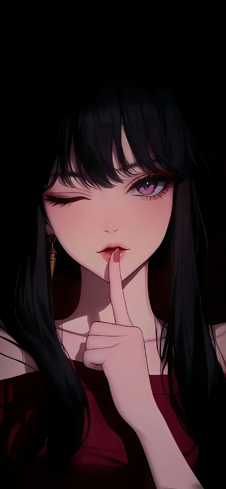 黑长直wink少女嘘手势暗调二次元高清手机壁纸