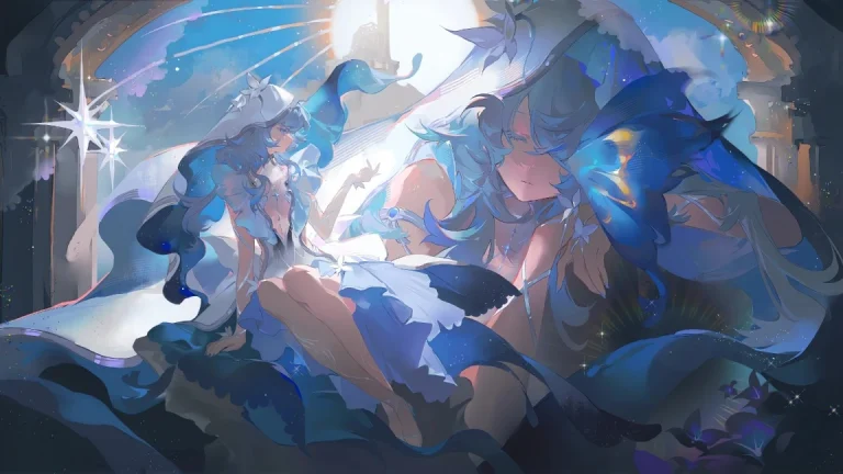 蓝发蝴蝶少女欧式城堡梦幻二次元插画 4K 电脑壁纸
