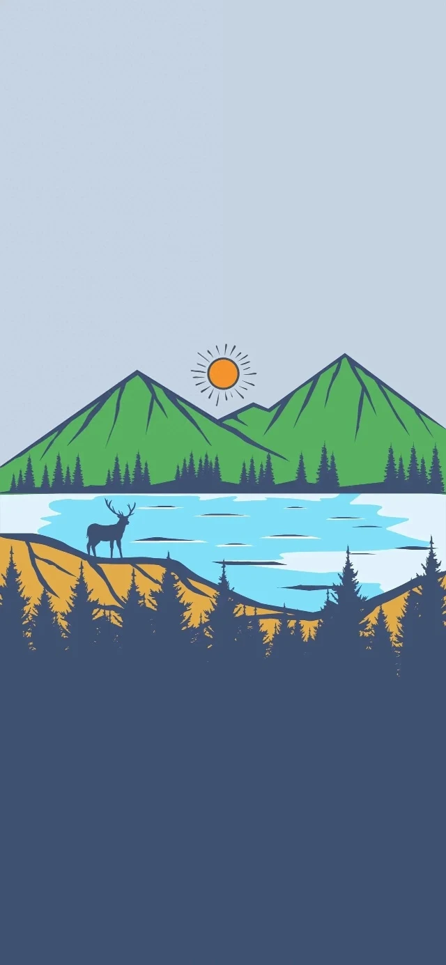 湖畔麋鹿群山太阳扁平插画森系高清手机壁纸