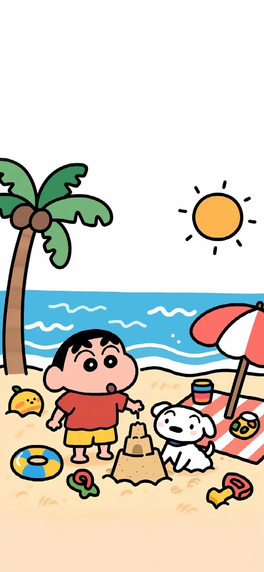海边沙滩堆沙堡蜡笔小新小白卡通高清手机壁纸