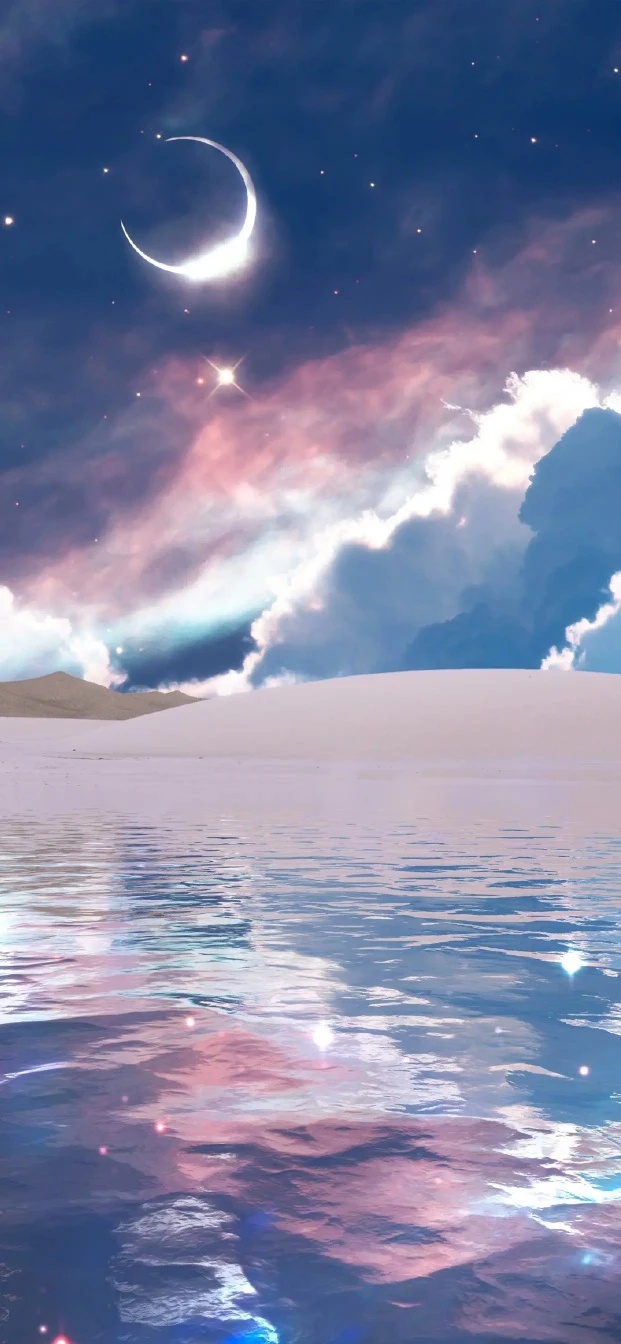 粉紫星云弯月镜面浅滩湖水梦幻治愈竖版星空壁纸
