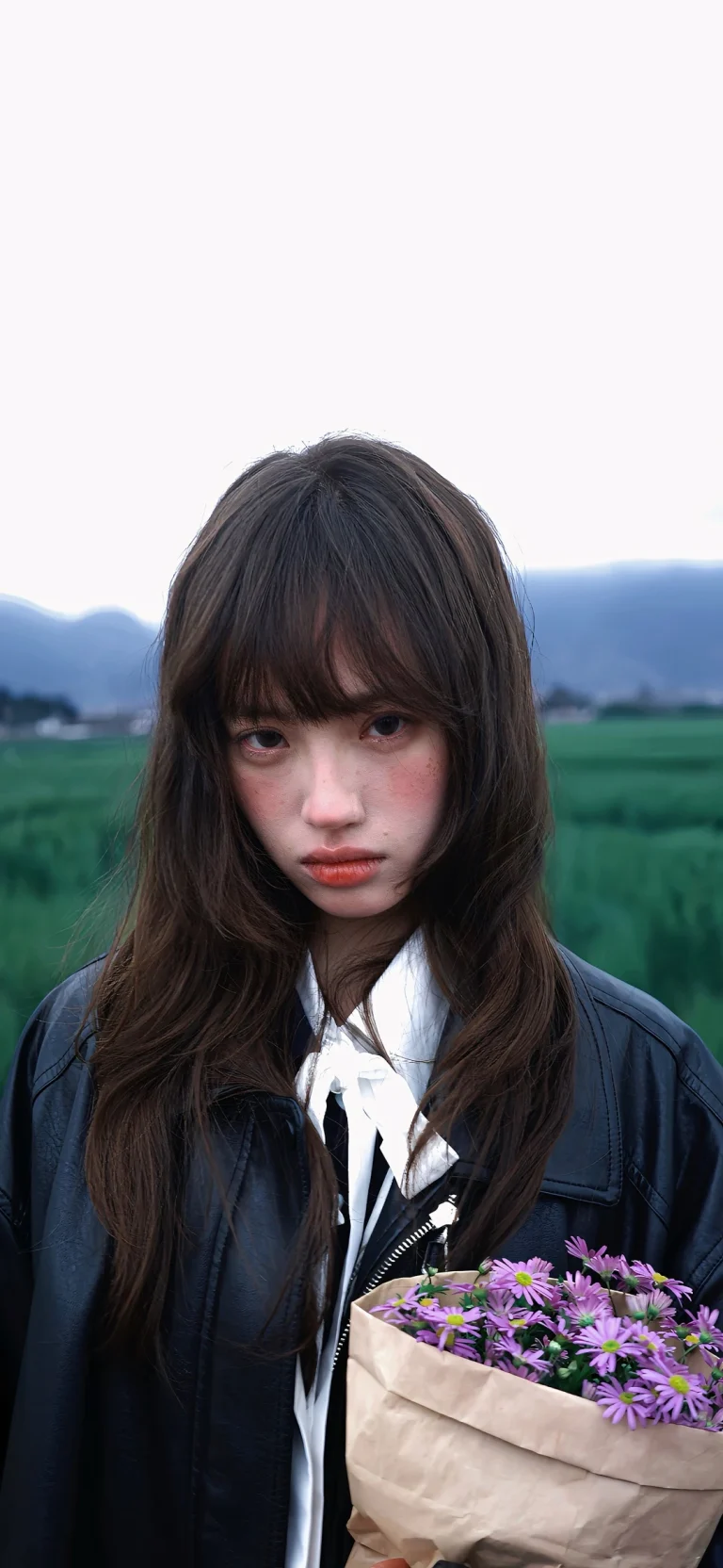 田野手持紫色小花黑皮衣女生户外人像高清手机壁纸