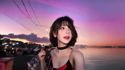 临海小镇粉紫渐变黄昏短发少女 choker 吊带自拍 4K 电脑壁纸