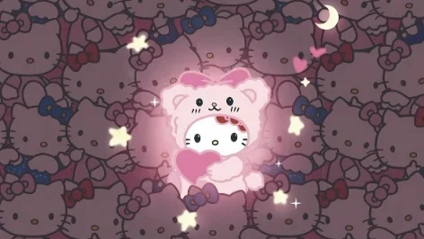 满屏暗纹蝴蝶结 HelloKitty 中间发光小熊 kitty 抱爱心 4K 电脑壁纸