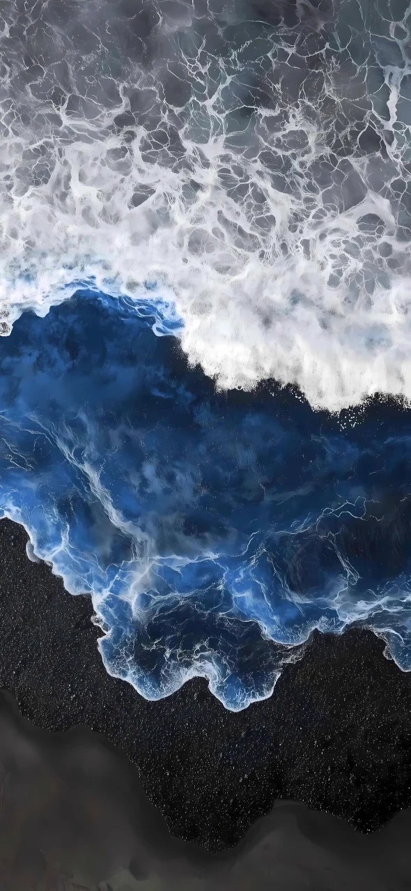 黑沙滩蓝白海浪俯视治愈高清手机壁纸