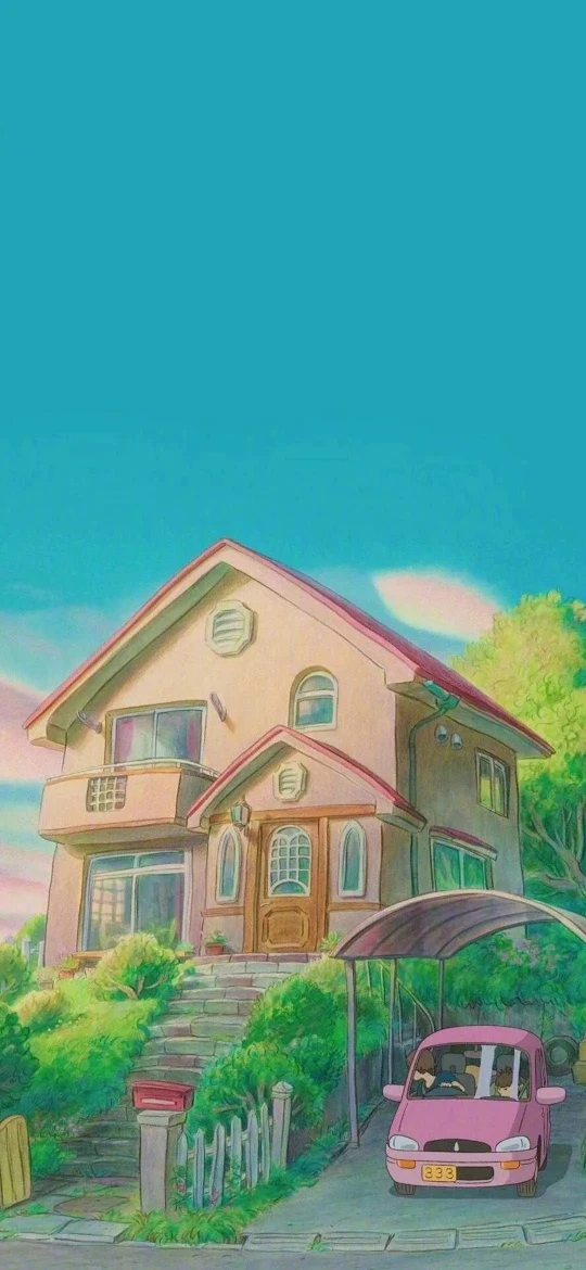 悬崖上的金鱼姬粉色小屋汽车 4K 手机宫崎骏动漫壁纸