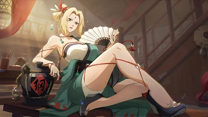 火影纲手折扇酒坛古风动漫插画 4K 电脑壁纸