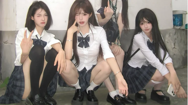 灰格制服甜妹四人组青春氛围感人像 4K 电脑壁纸