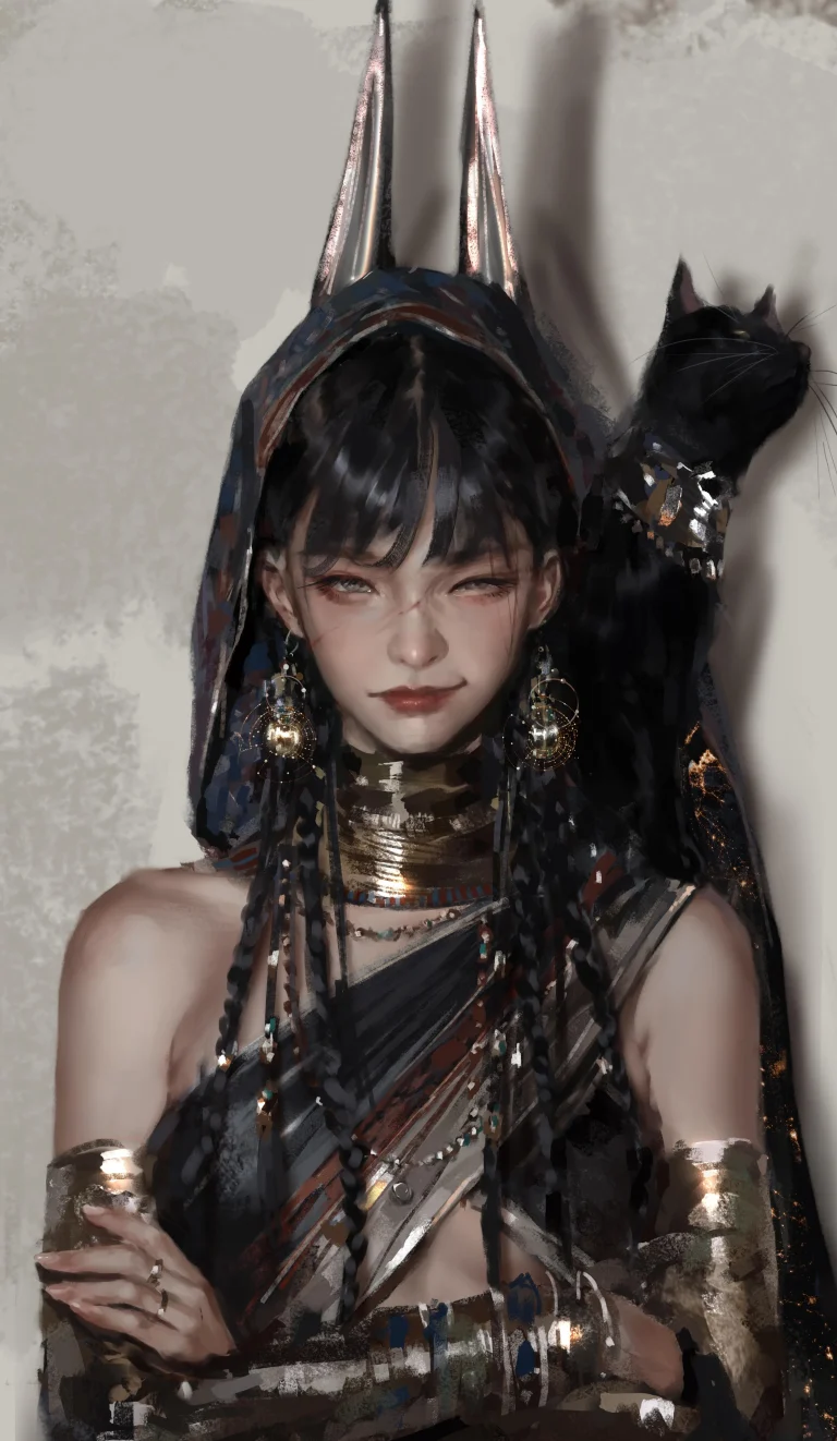 阿努比斯头饰埃及少女与黑猫手机壁纸