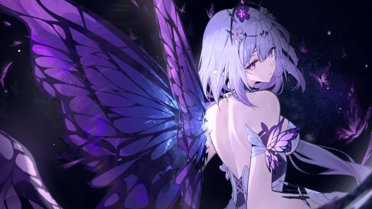 紫蝶精灵银发少女黑底星空 4K 电脑高清壁纸